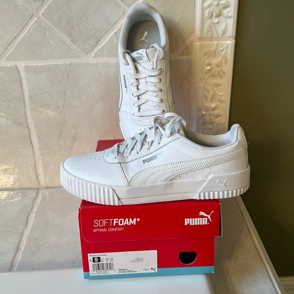 White Leather Pumas - Picture 2 of 5